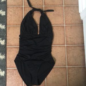 Black halter neck one piece bathing suit